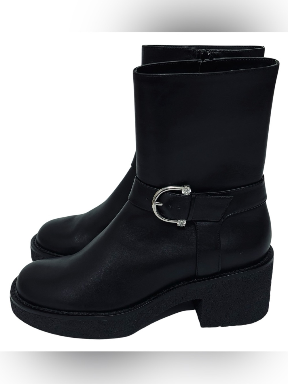 Stuart Weitzman Mountain Buckle Leather Ankle Boots US 7.5 Black Moto Platform